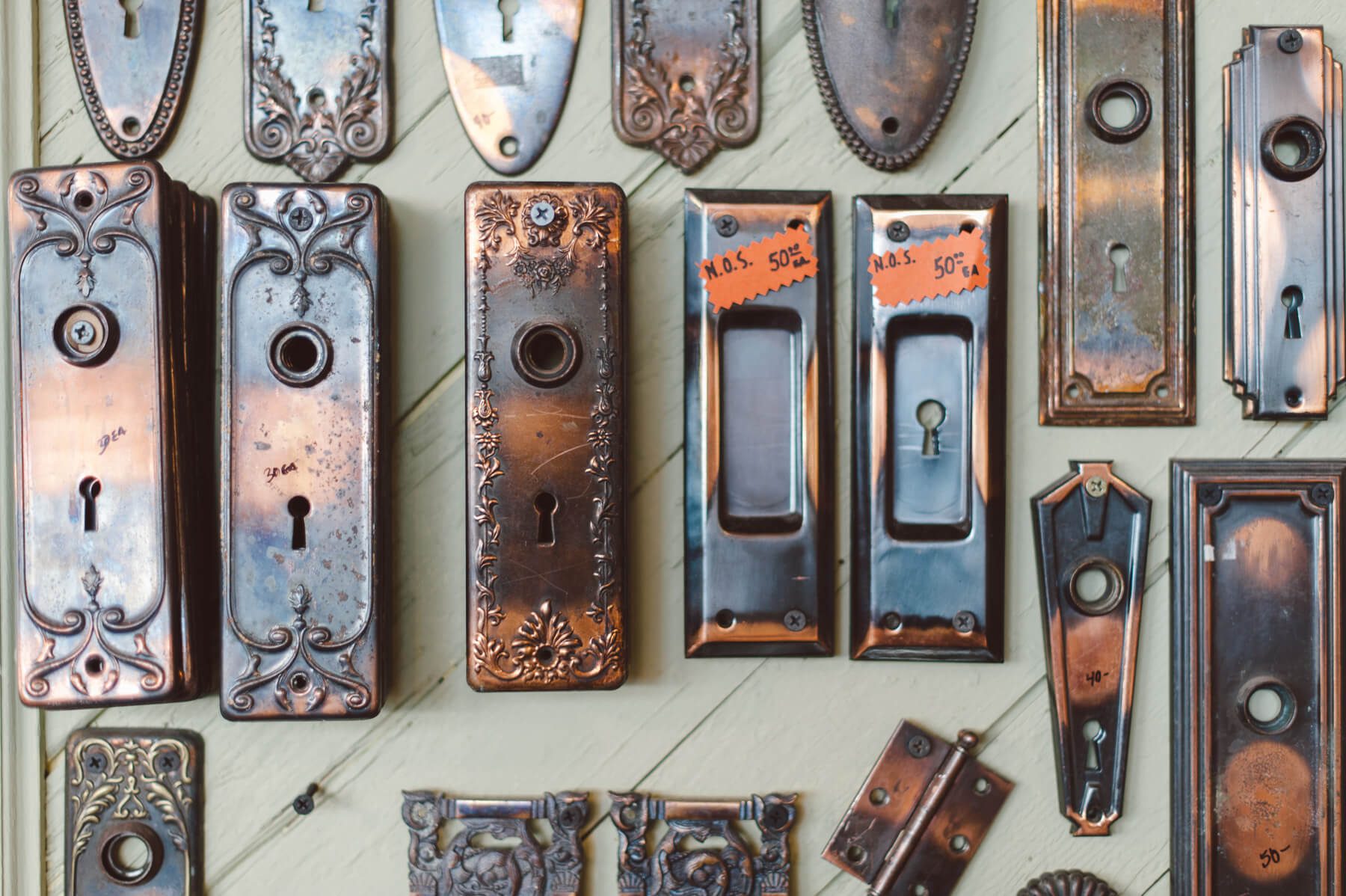 Details of brass door plates at Hippo Hardware in Portland, Oregon