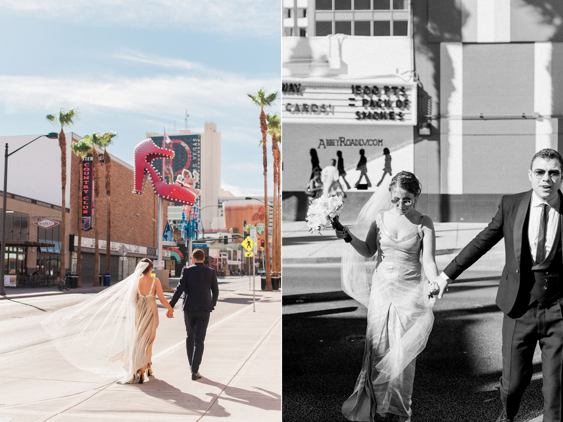 A bride and groom walk down the old Las Vegas strip on Fremont Street. Captured by Las Vegas Elopement Photographer Briana Morrison
