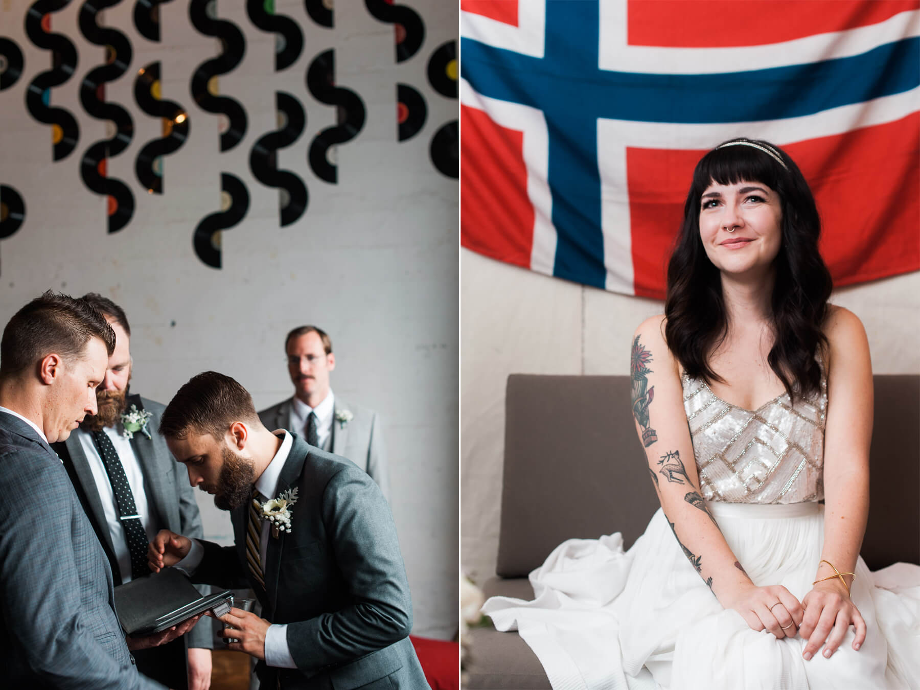 The bride and groom get ready at Holocene in Portland, Oregon. By Portland Holocene Wedding Photographer Briana Morrison