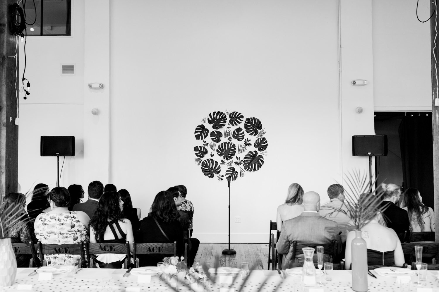 Black and white portrait of guests getting ready for the ceremony. by Ace Hotel wedding photographer Briana Morrison
