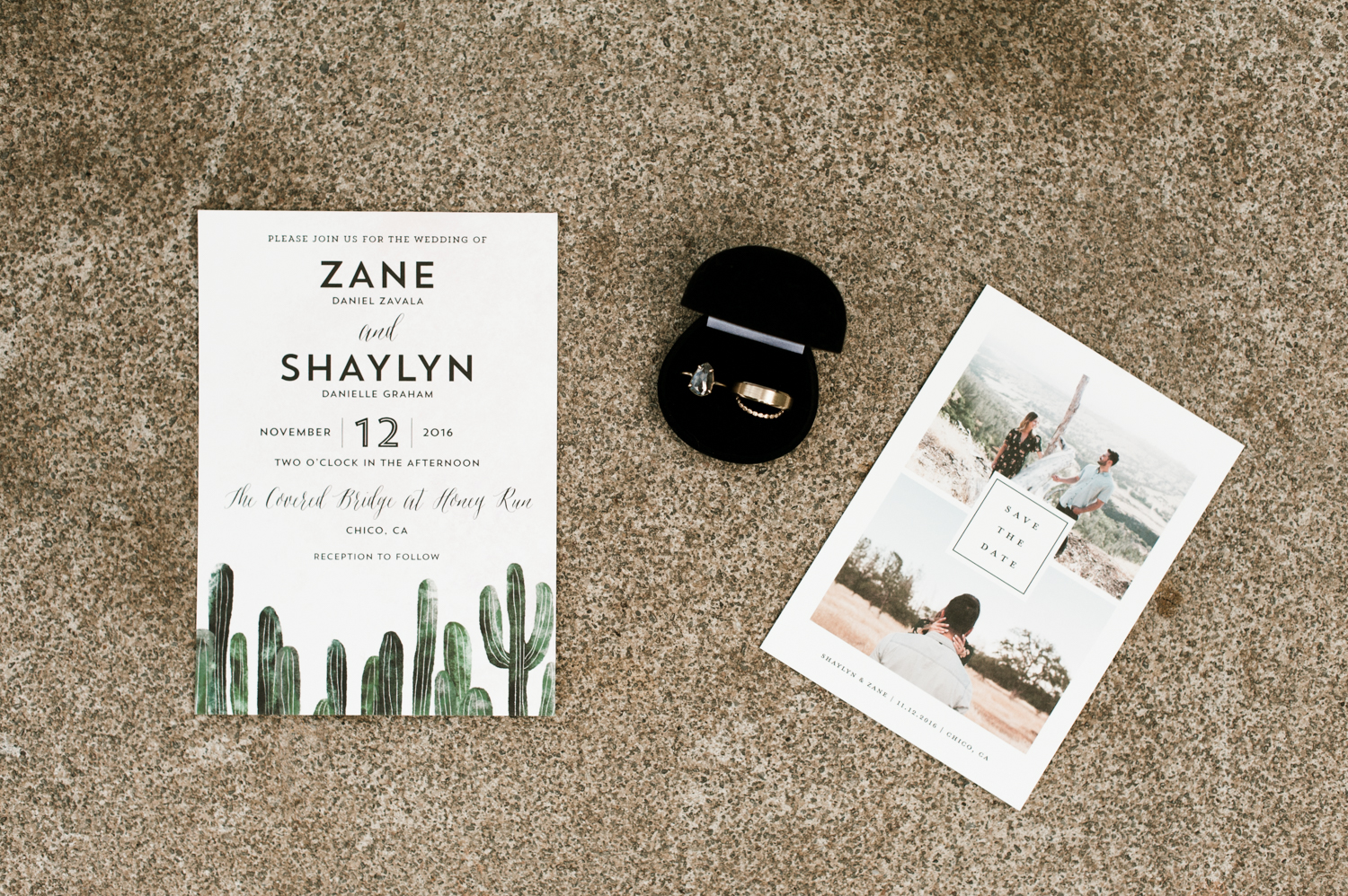 Beautiful wedding stationery and rings. By Chico Wedding Photographer Briana Morrison