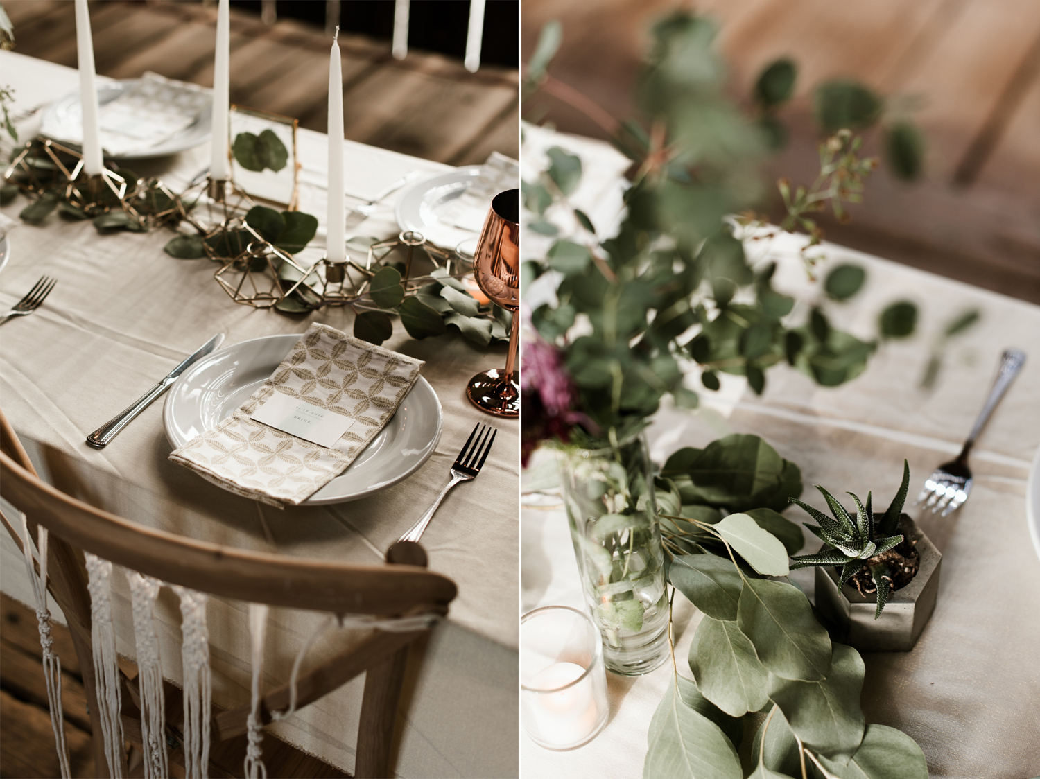 Details of the dining table at a bohemian wedding. By West Coast wedding photographer Briana Morrison
