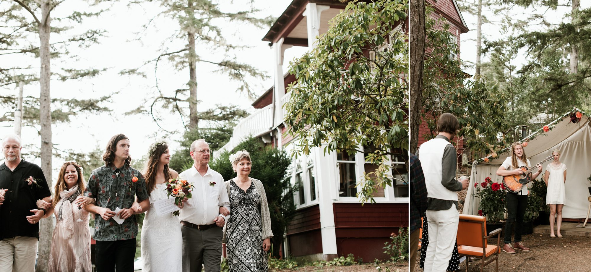 The bride and groom approach the ceremony while their friends plays the guitar. By Long Beach, Washington wedding photographer Briana Morrison