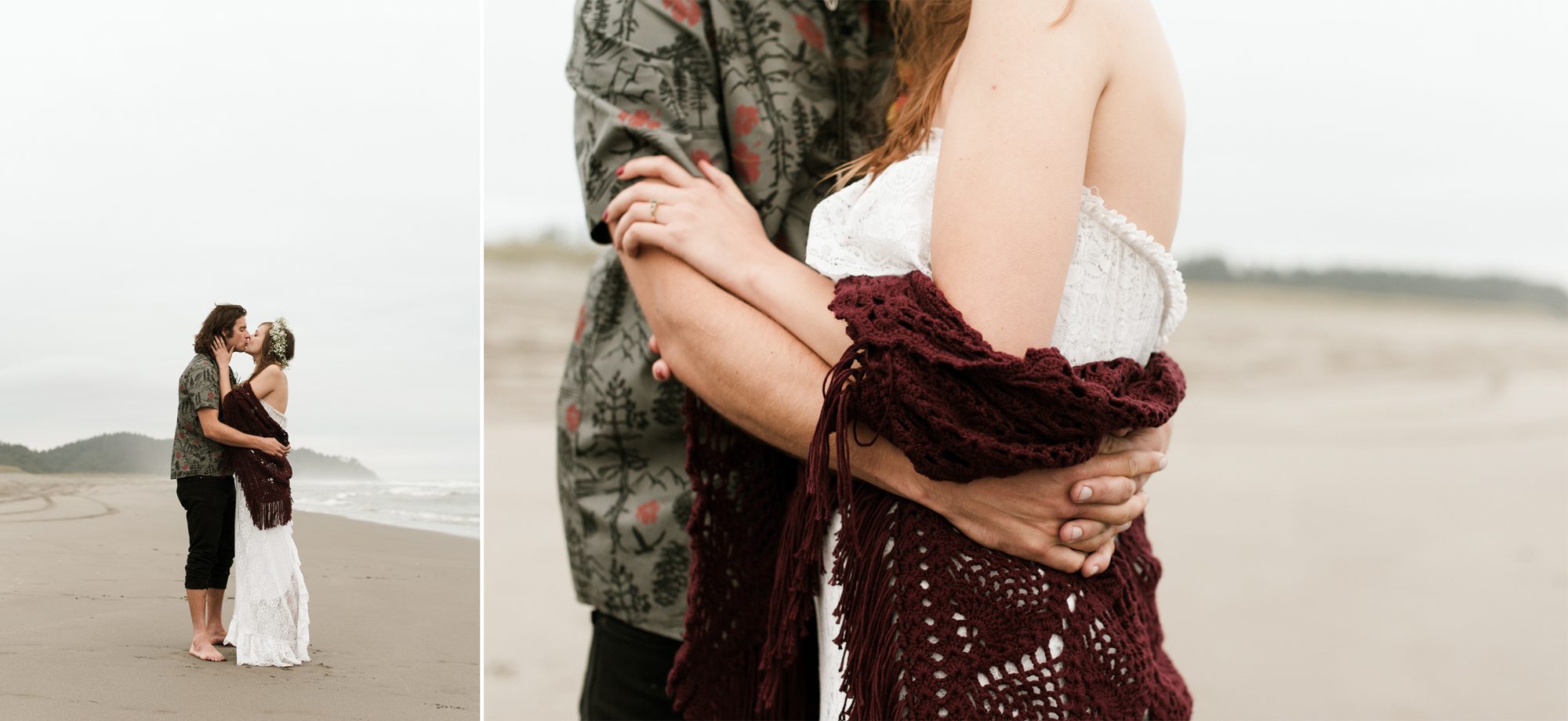 The bride and groom snuggle up to each other on the beach. By Sou'Wester wedding photographer Briana Morrison