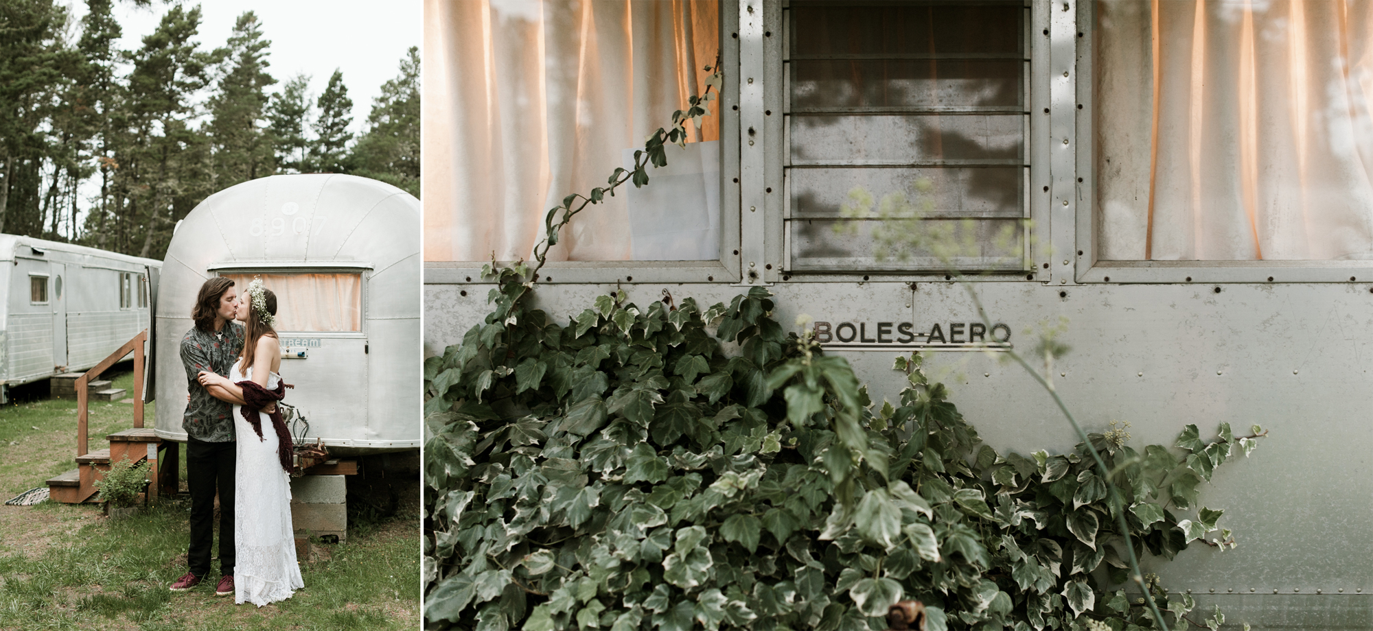 The bride and groom have portraits taken in front of a vintage travel trailer. By Sou'Wester wedding photographer Briana Morrison