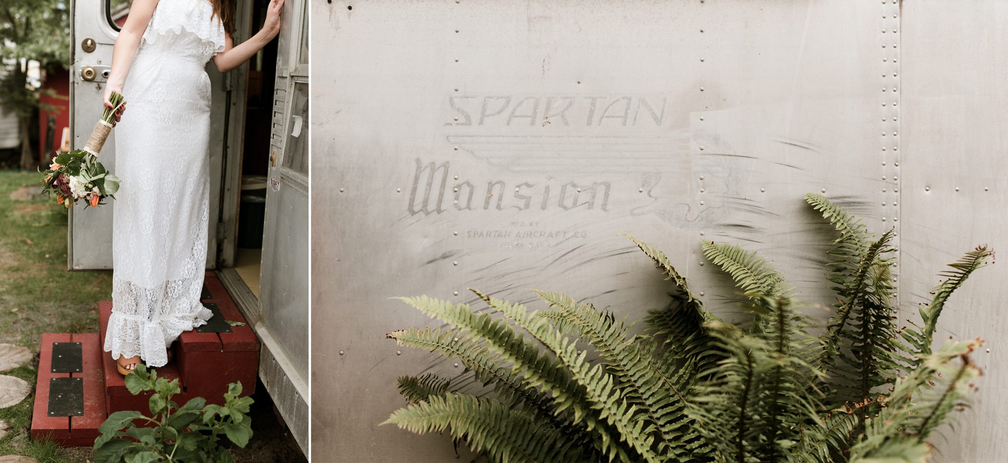 A bride looks into a vintage travel trailer at Sou'Wester in Seaview. By Long Beach, Washington wedding photographer Briana Morrison