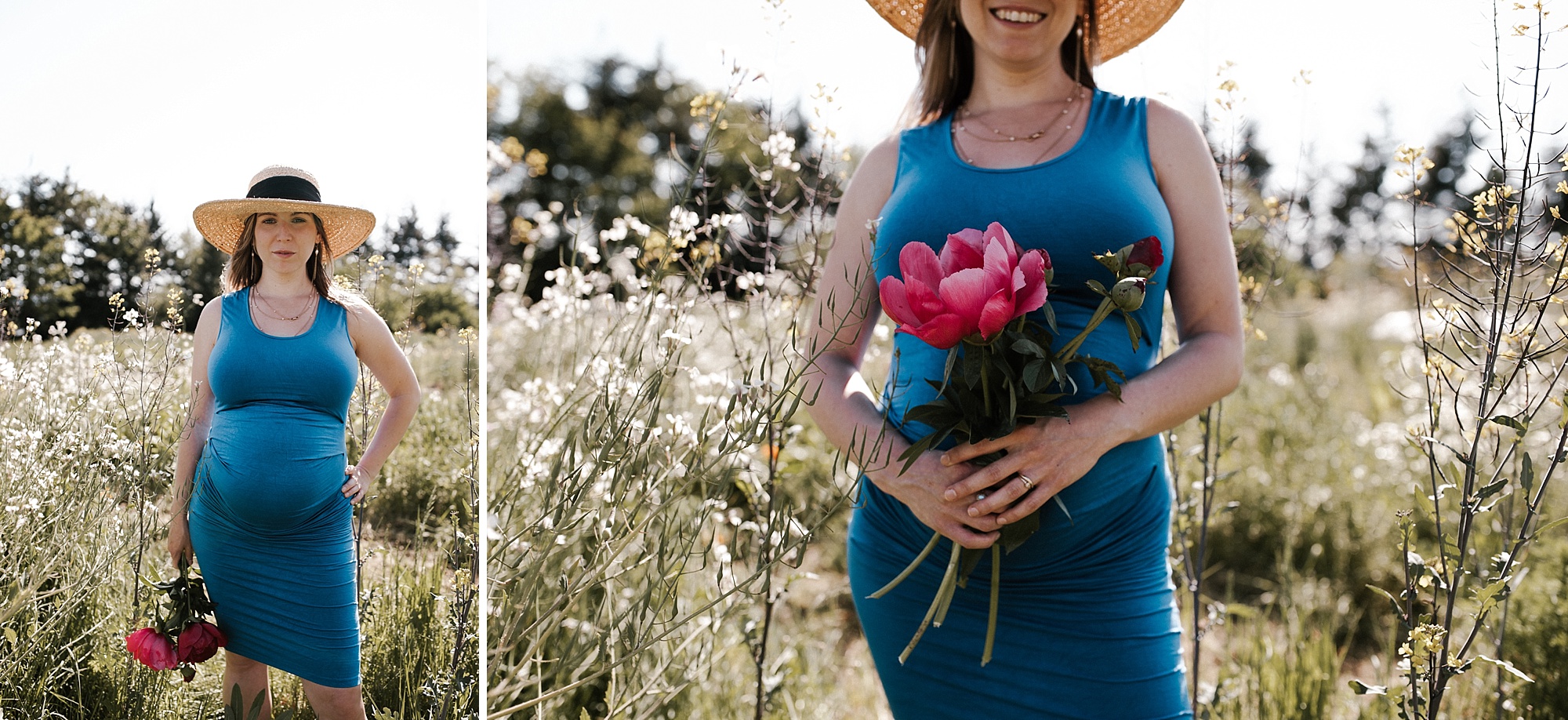 A young pregnant woman in a blue dress stands in a field of flowers. By Portland maternity photographer Briana Morrison