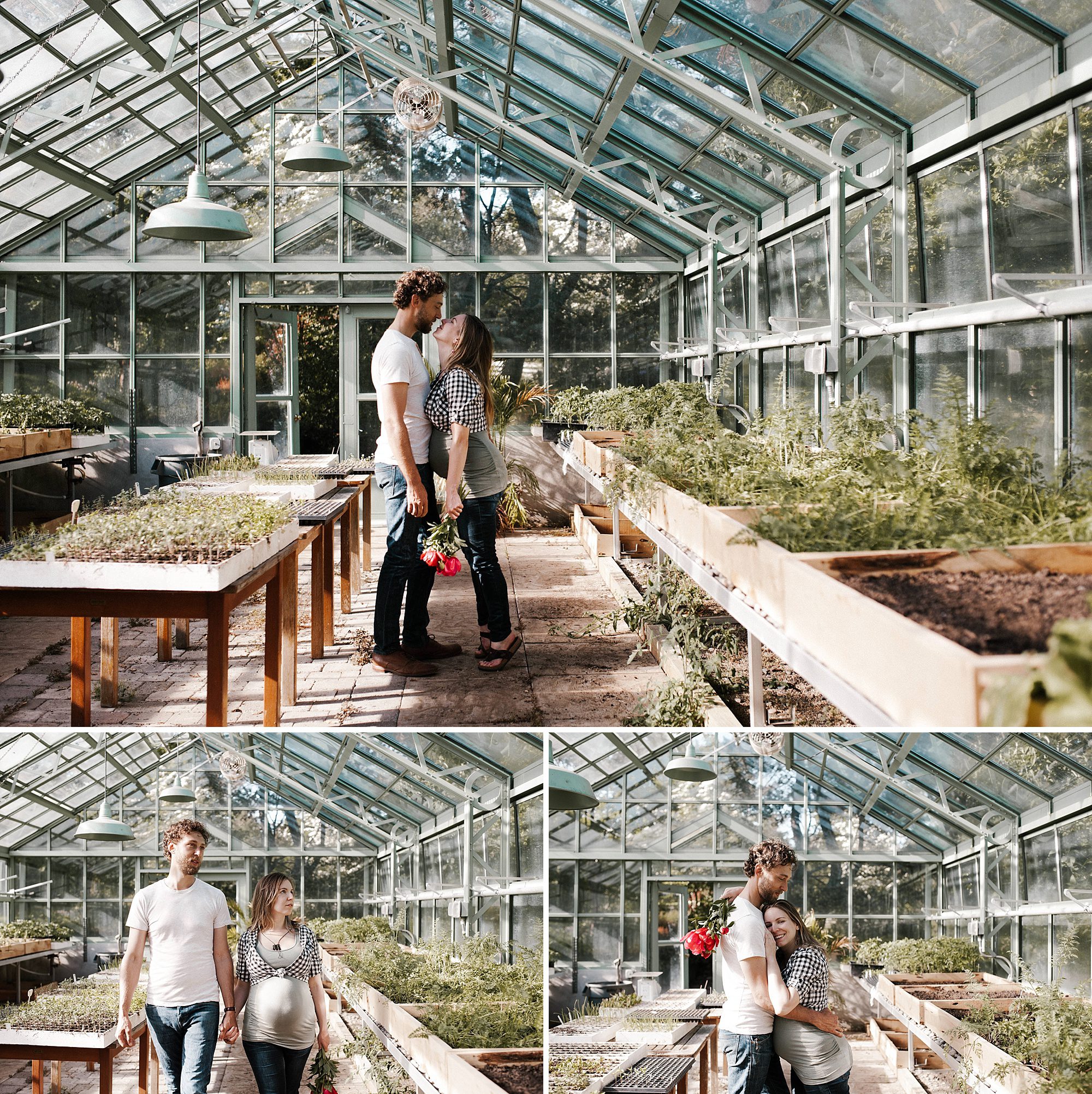 A young couple poses in a beautiful glass greenhouse. By Portland maternity photographer Briana Morrison