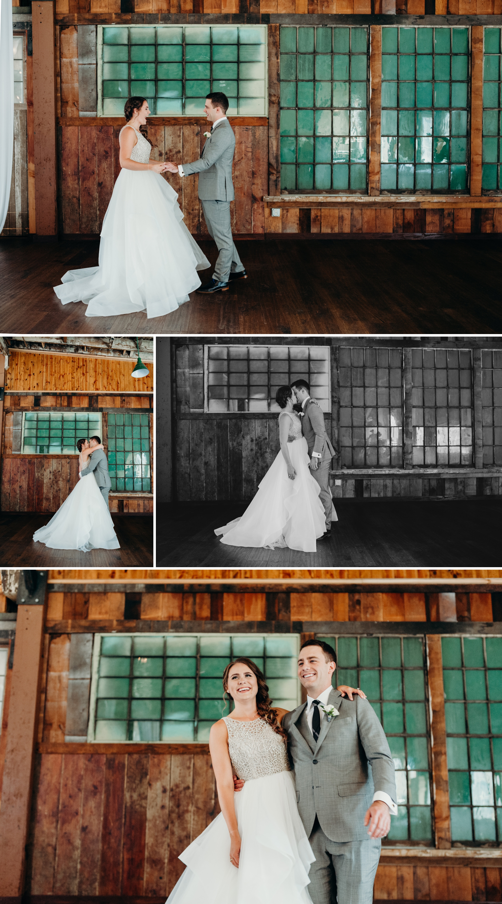 The bride and groom have their first look inside Sodo Park. By Sodo Park wedding photographer Briana Morrison.