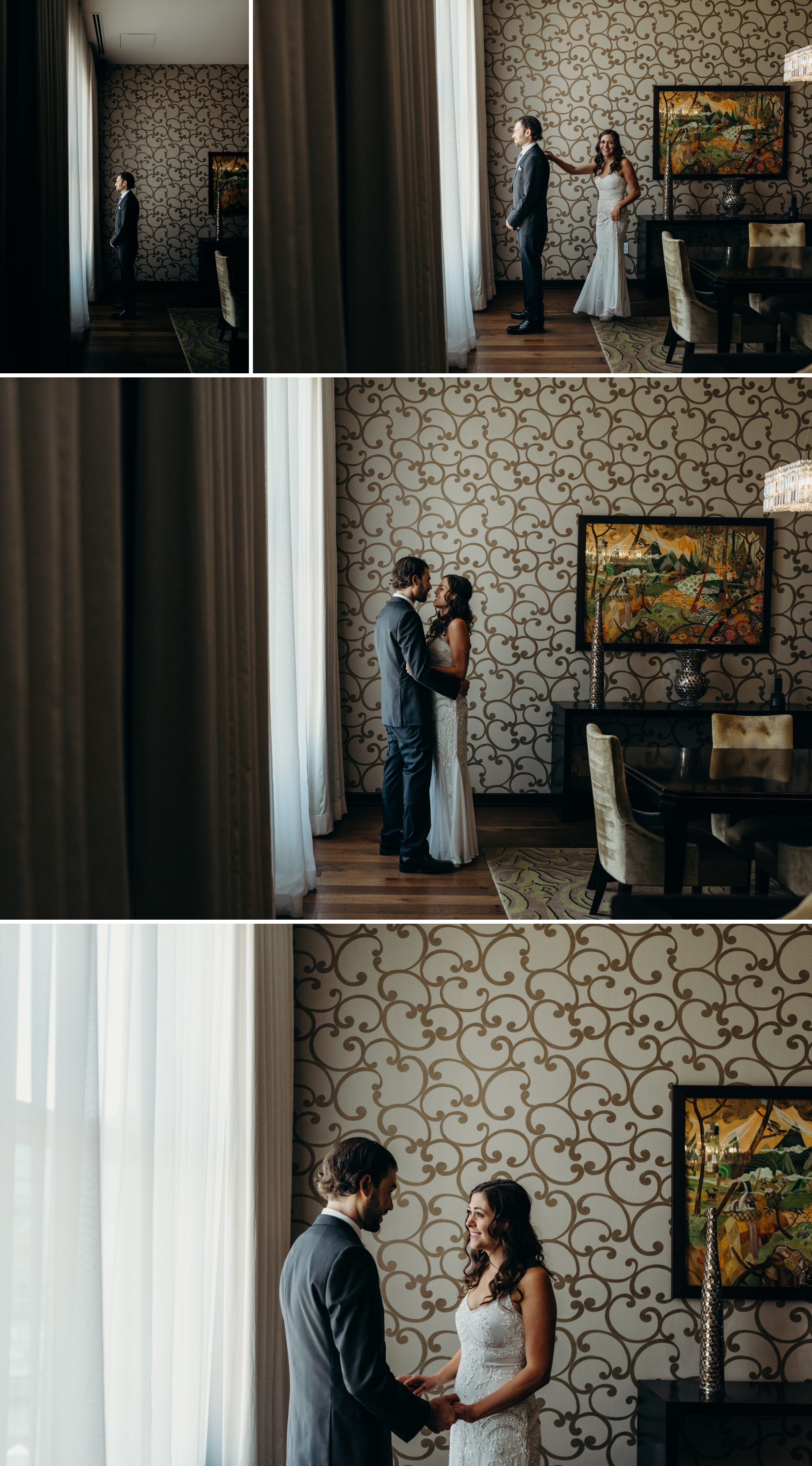 A bride and groom's first look in their hotel room. By Plaza del Toro wedding photographer Briana Morrison.