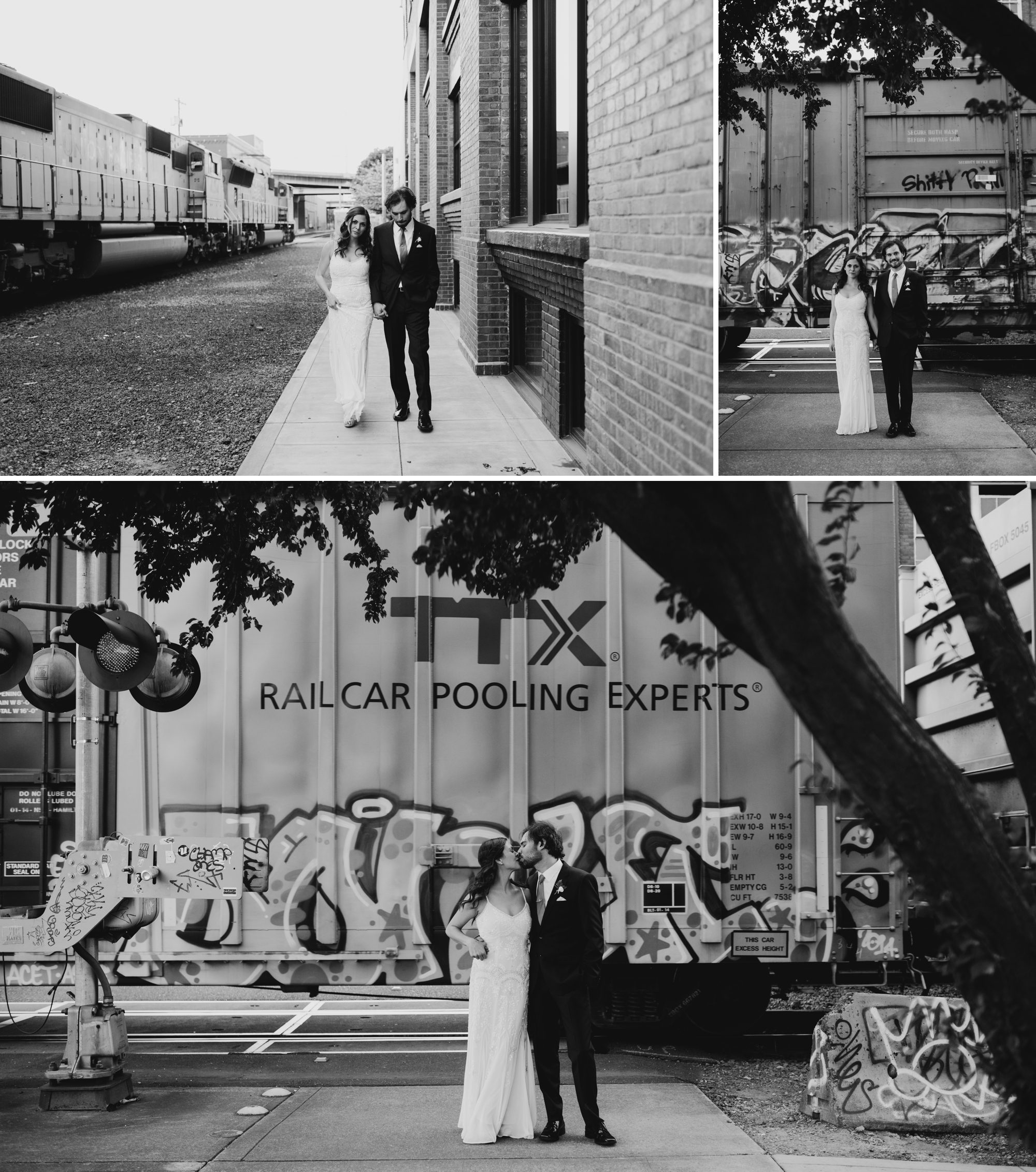 A bride and groom pose for portraits in front of a train. By Plaza del Toro wedding photographer Briana Morrison.