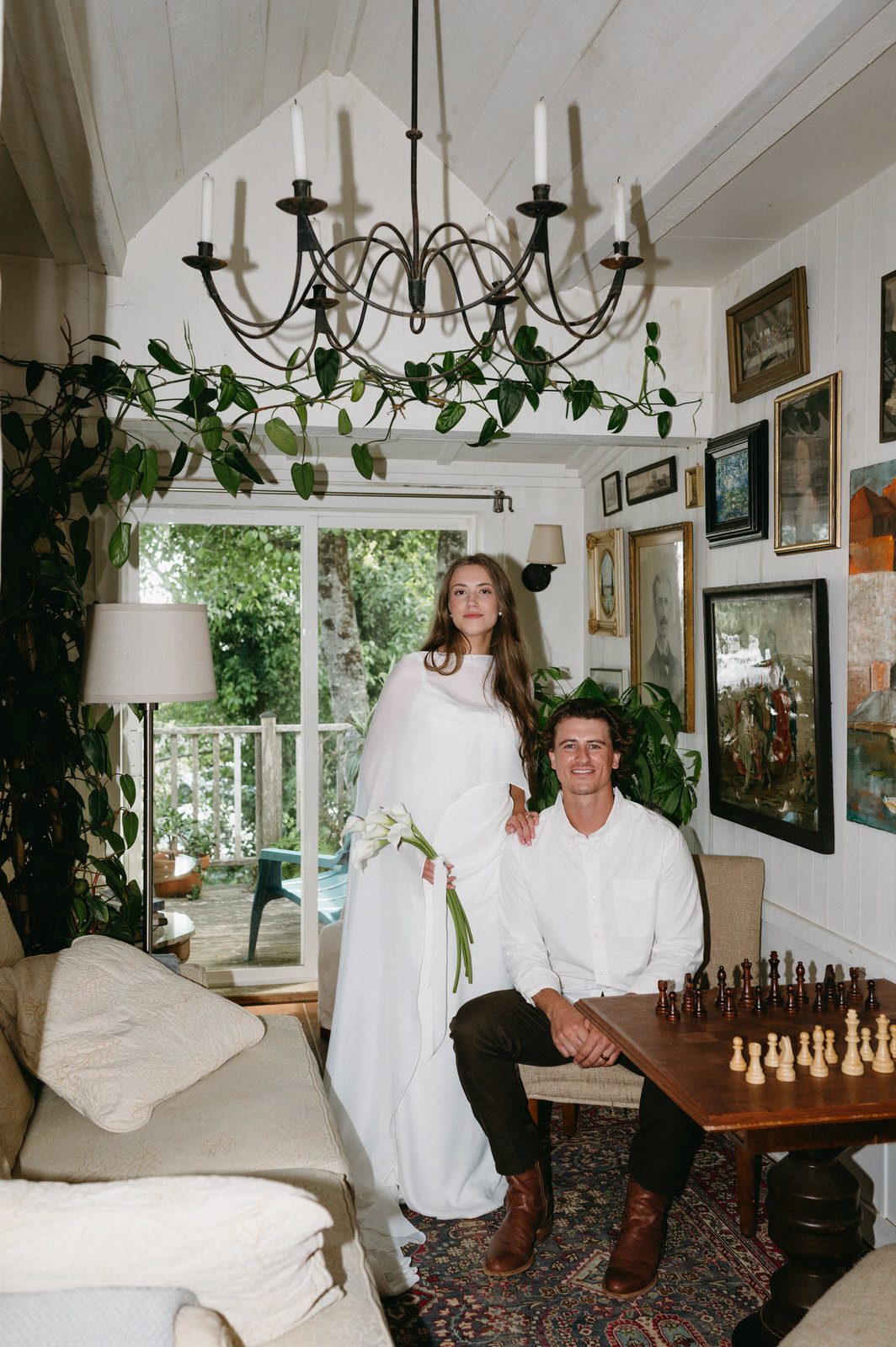Fine art bride and groom portrait in the Salmonberry Inn by Portland wedding photographer Briana Morrison