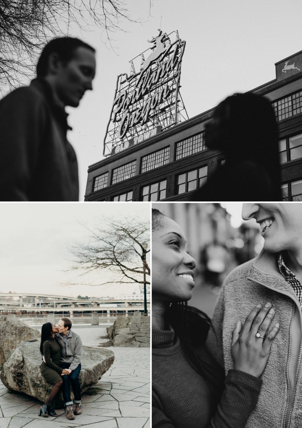 Portland, Oregon engagement photos by the old stag sign in downtown Portland.