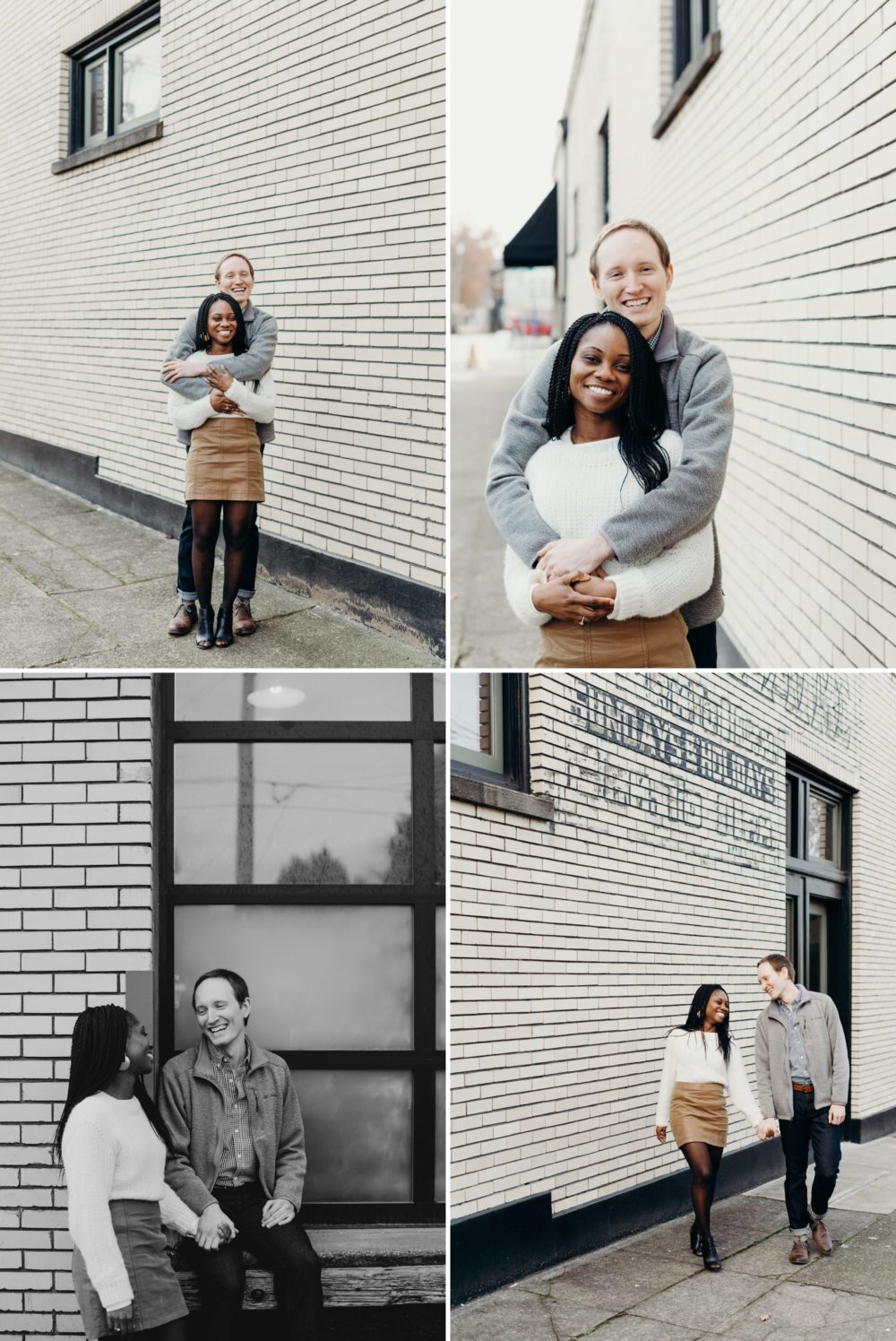 Super cute biracial couple posing for urban Portland engagement photos. All photos by Briana Morrison