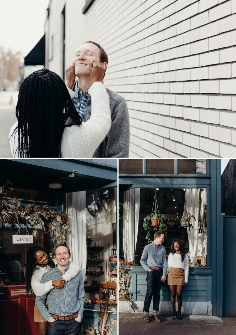 An adorable biracial couple posing for engagement photos in NW Portland. by Briana Morrison