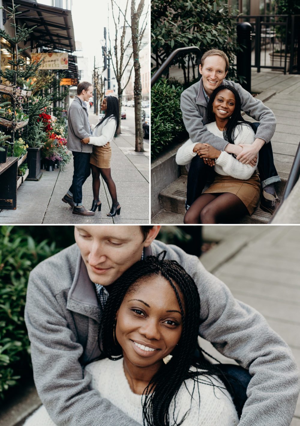 A cute young couple poses for portraits in urban Portland, Oregon.