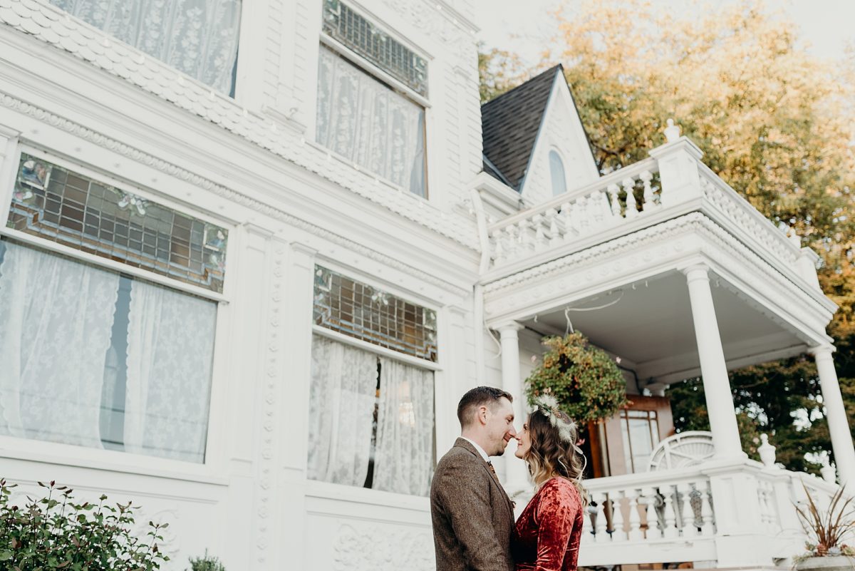 A bride and groom a their Victorian Belle wedding. Photographed by Portland Wedding Photographer, Brian aMorrison