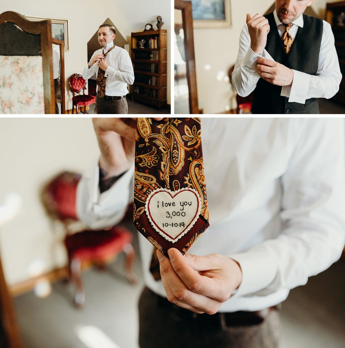 The bride sewed this special message on her groom's tie for him to discover the morning of their wedding.