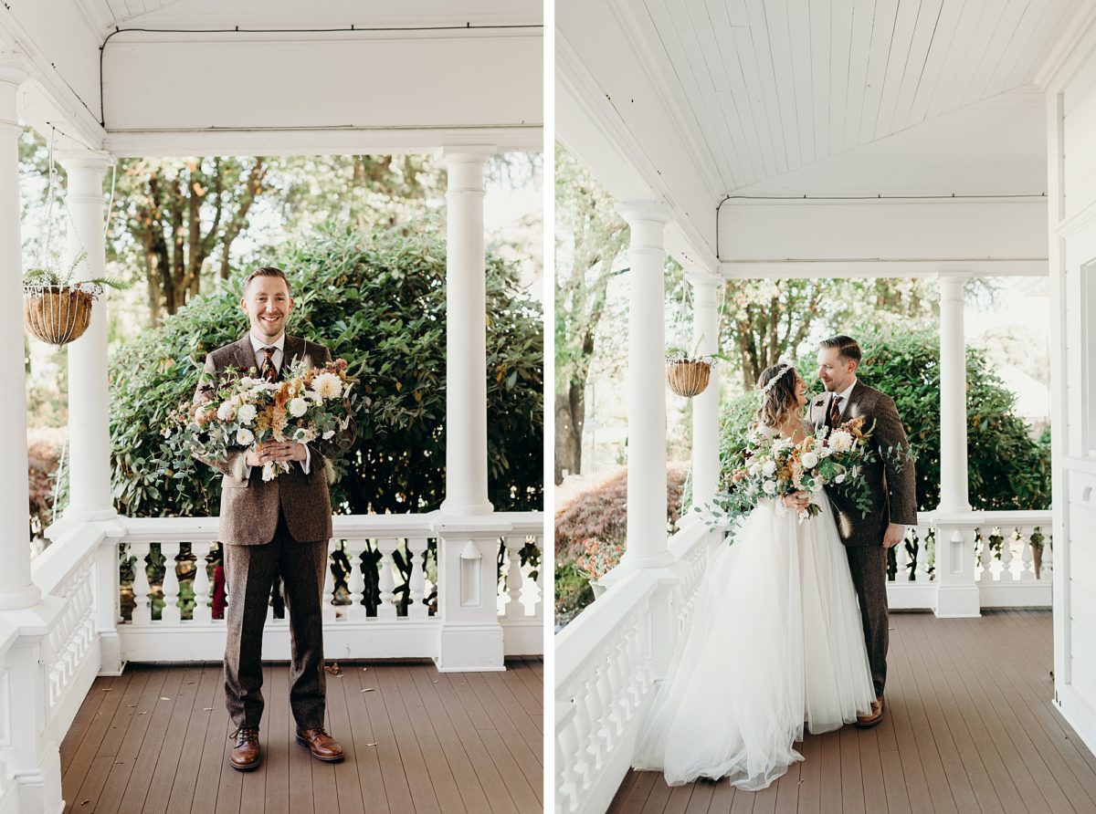 A bride and groom before their wedding ceremony at The Victorian Belle in Portland, Oregon. Photographed by Pacific Northwest Wedding Photographer, Briana Morrison