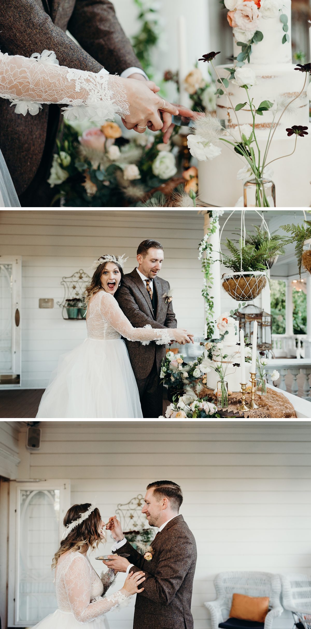 A beautiful cake cutting at an outdoor bohemian wedding in Portland, Oregon. Photographed by Pacific Northwest Wedding Photographer, Briana Morrison