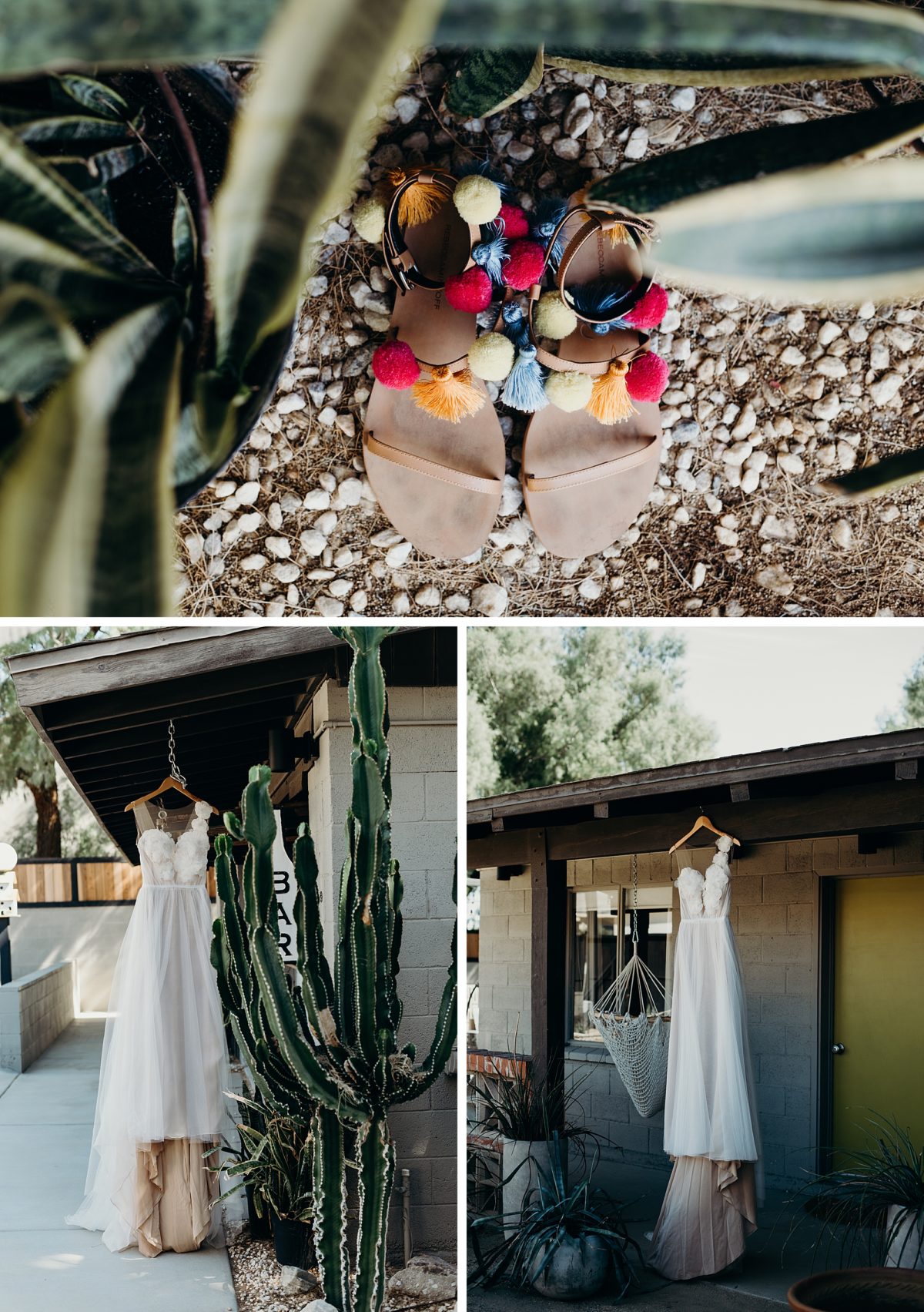 Gorgeous dress and shoe details at this Desert Hot Springs wedding. Photos by Briana Morrison