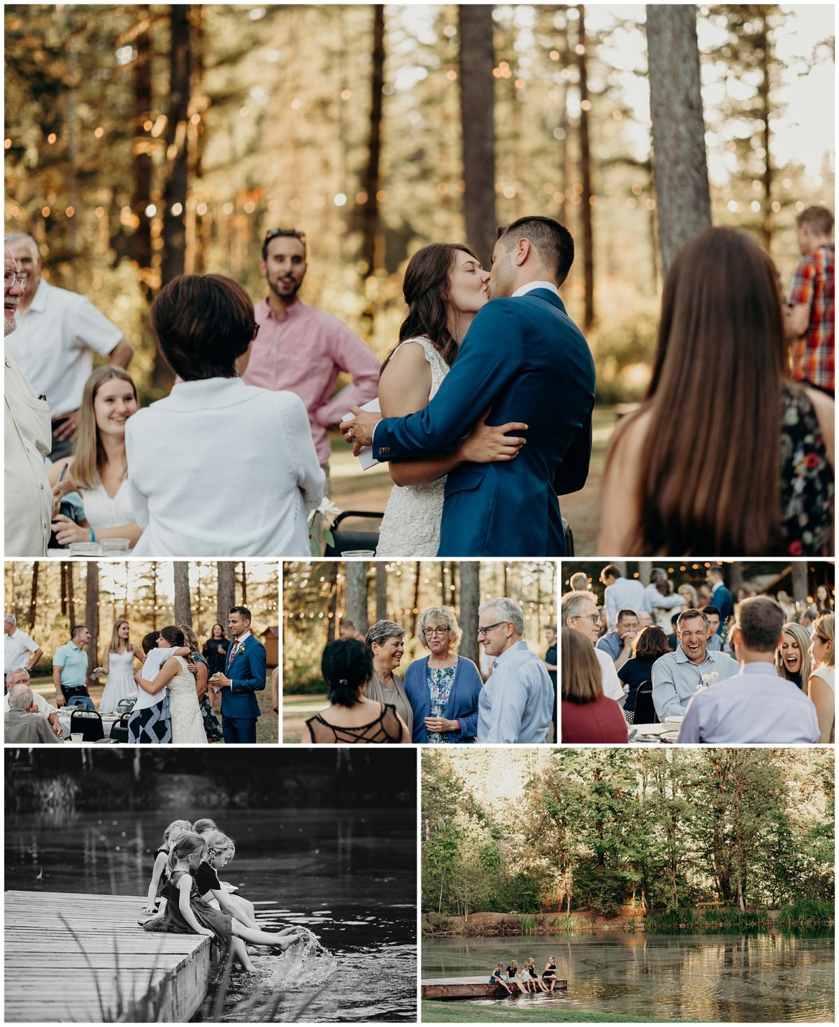 Wedding guests socialize during a reception at a summer camp.