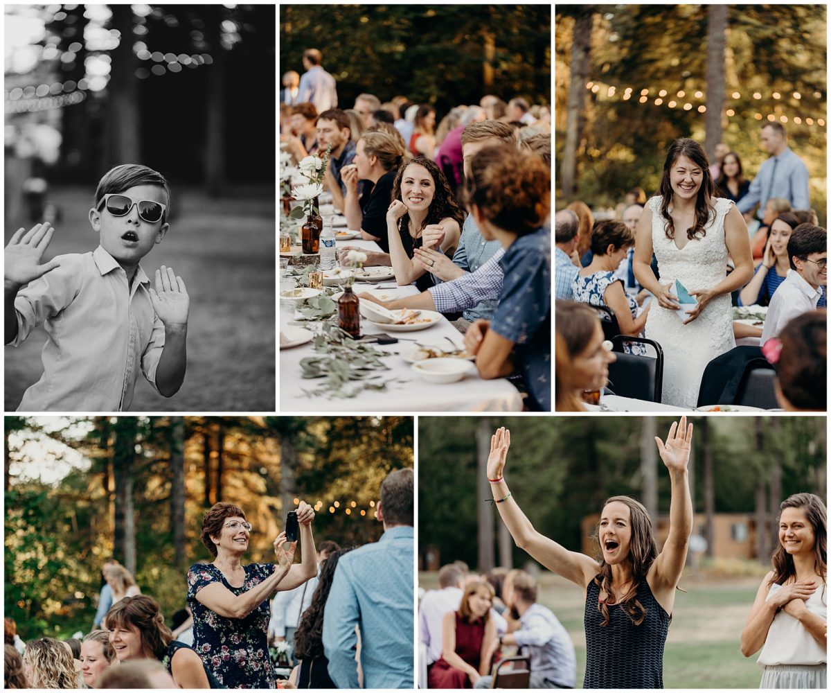 Wedding guests have a good time at this summer camp wedding in Lyons, Oregon.
