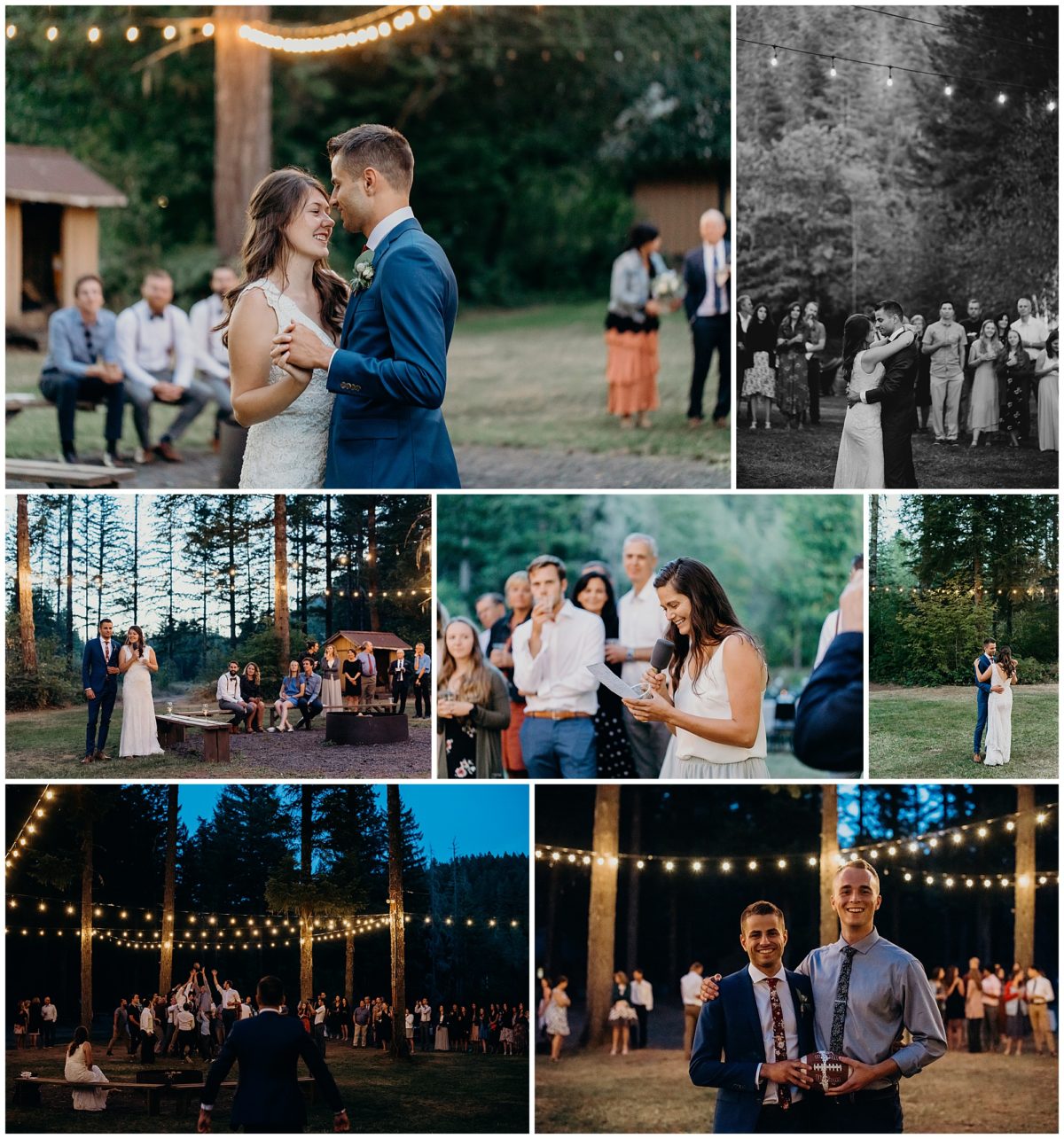 The first dance, speeches, and a garter toss at this camp themed wedding.
