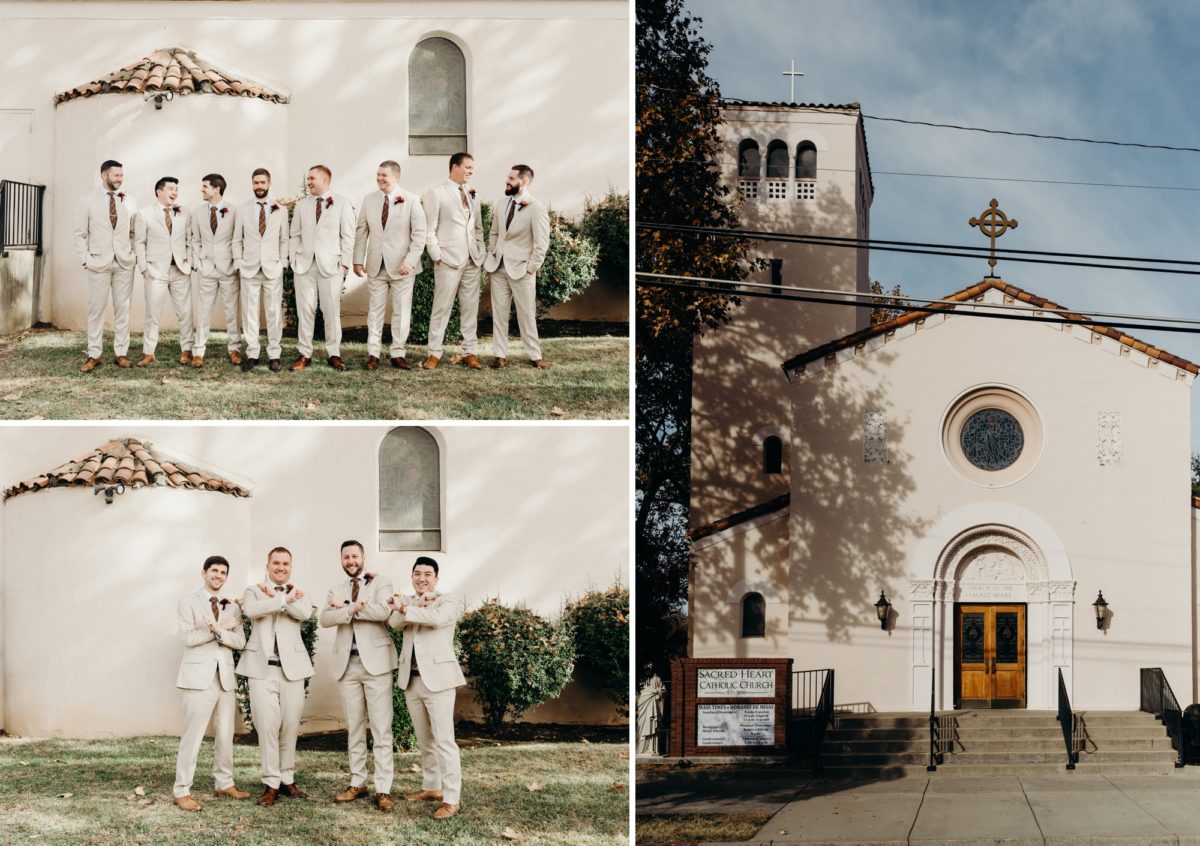 Groomsmen pose for photos at the Catholic Church in Gridley, CA.