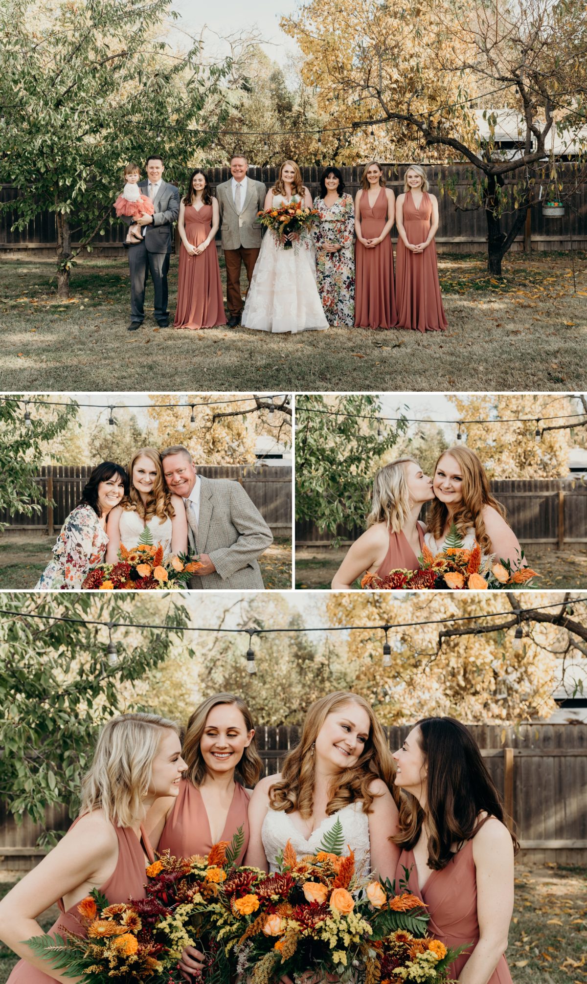 Super cute family and bridesmaid photos in the back yard at this Gridley, CA wedding.