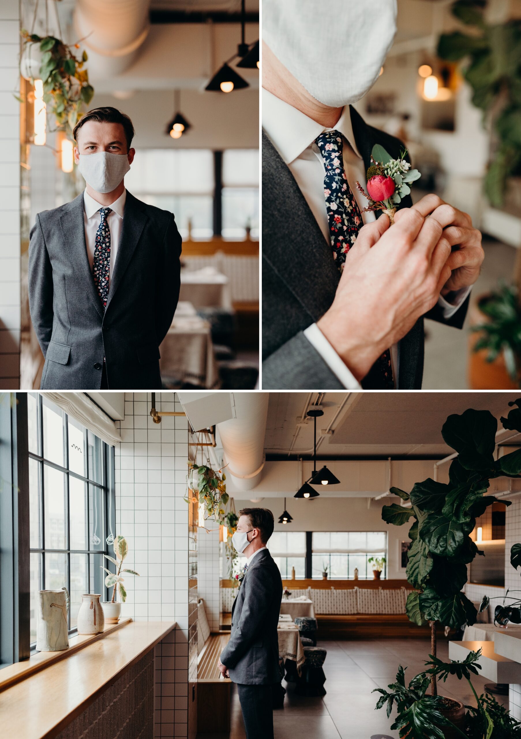 COVID chic groom getting ready for the 1st look in Tope