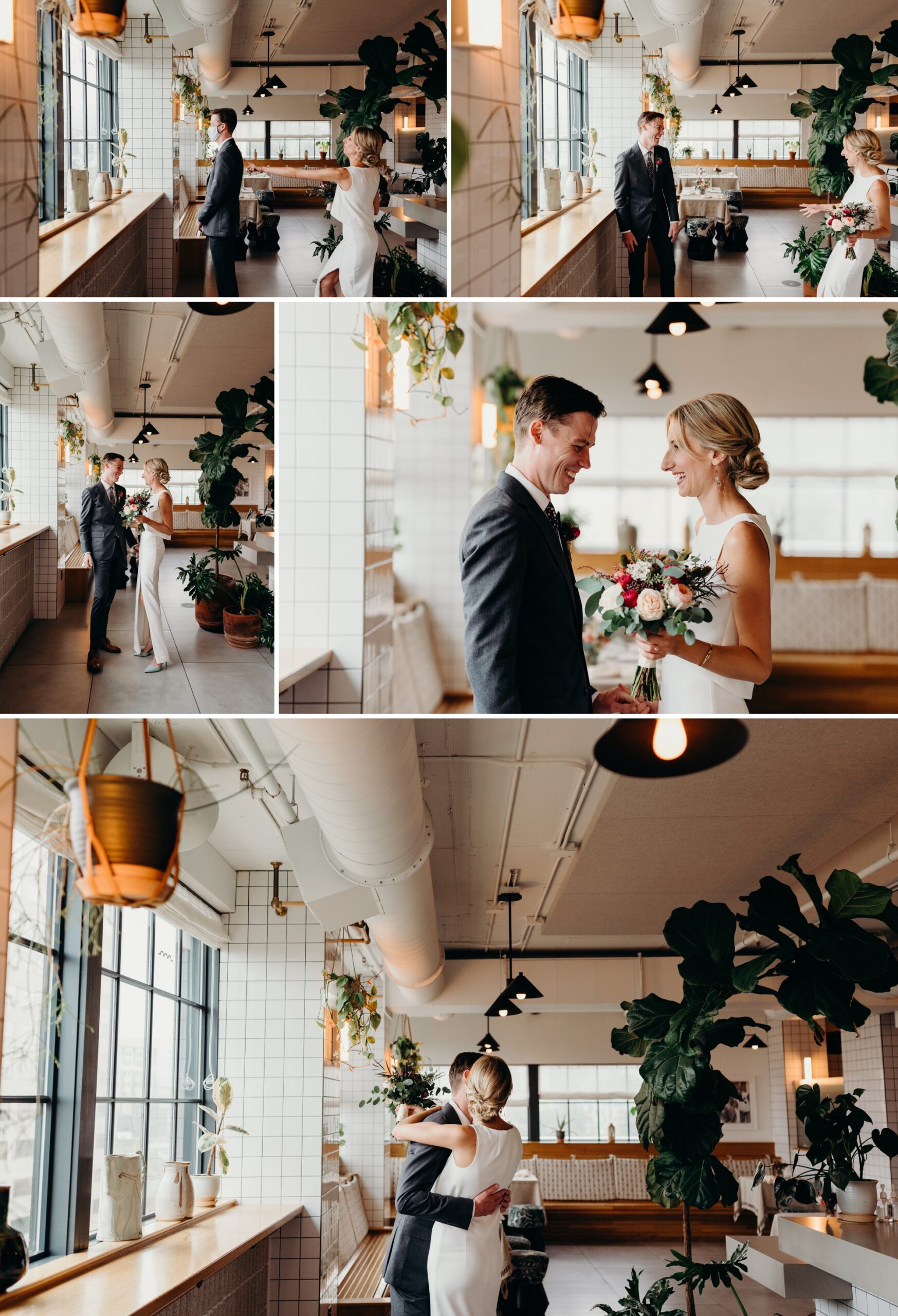 Bride and groom have their first look inside The Hoxton, Portland's rooftop restaurant, Tope