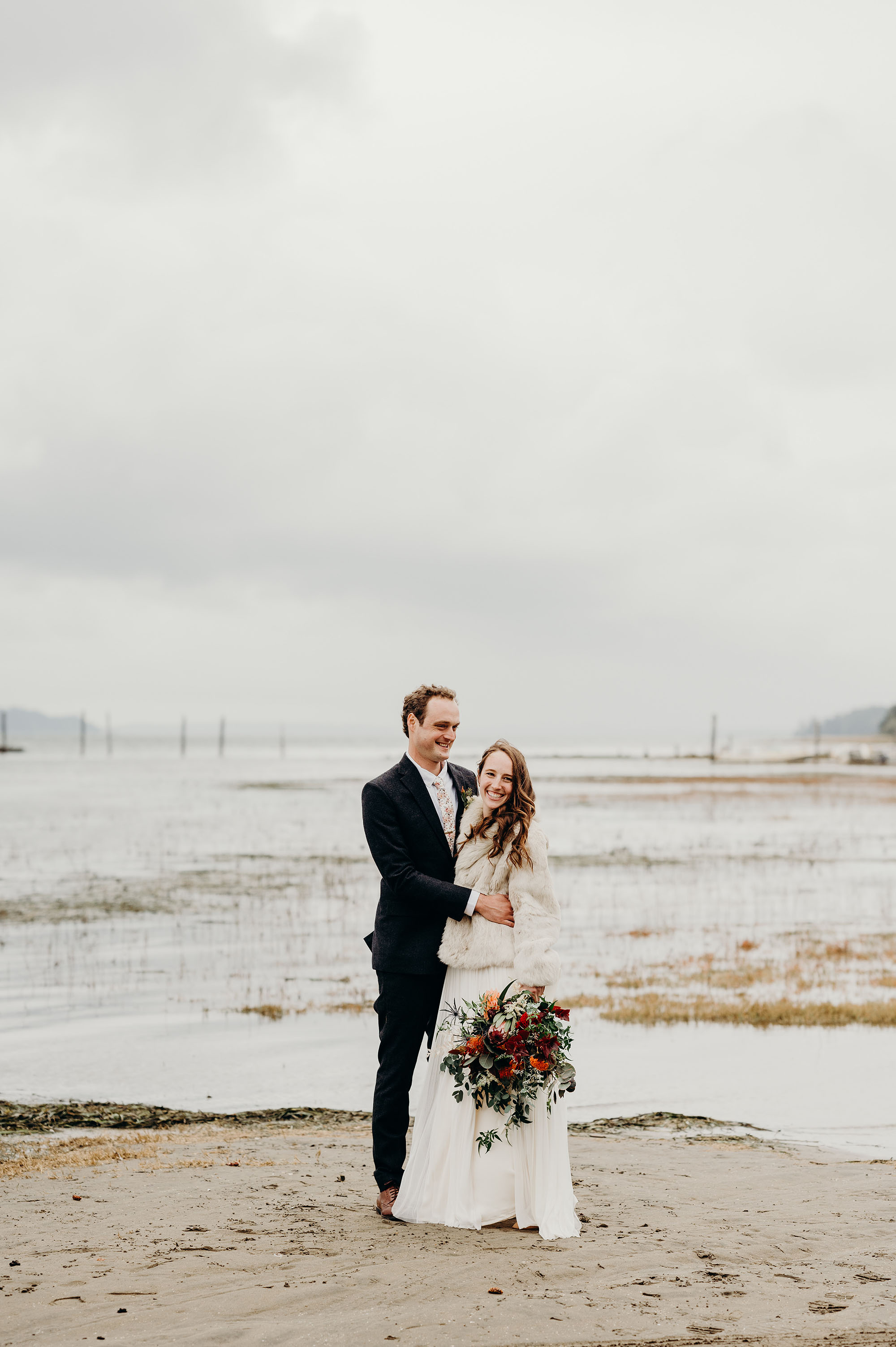 Bride & Groom Smiling Portrait in Long Beach, WA by Briana Morrison Photography