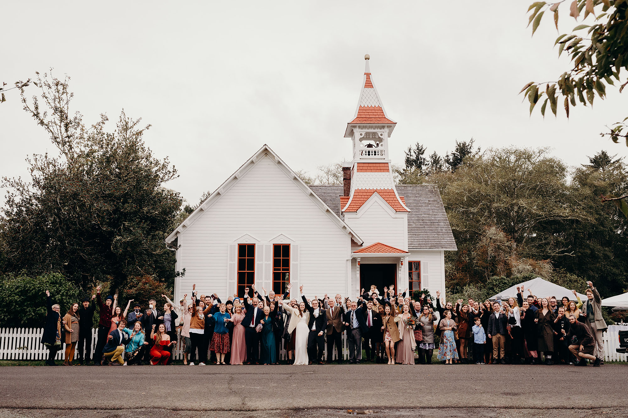 Long Beach Peninsula Wedding Group Portrait Outside of Oysterville Church by Briana Morrison Photography