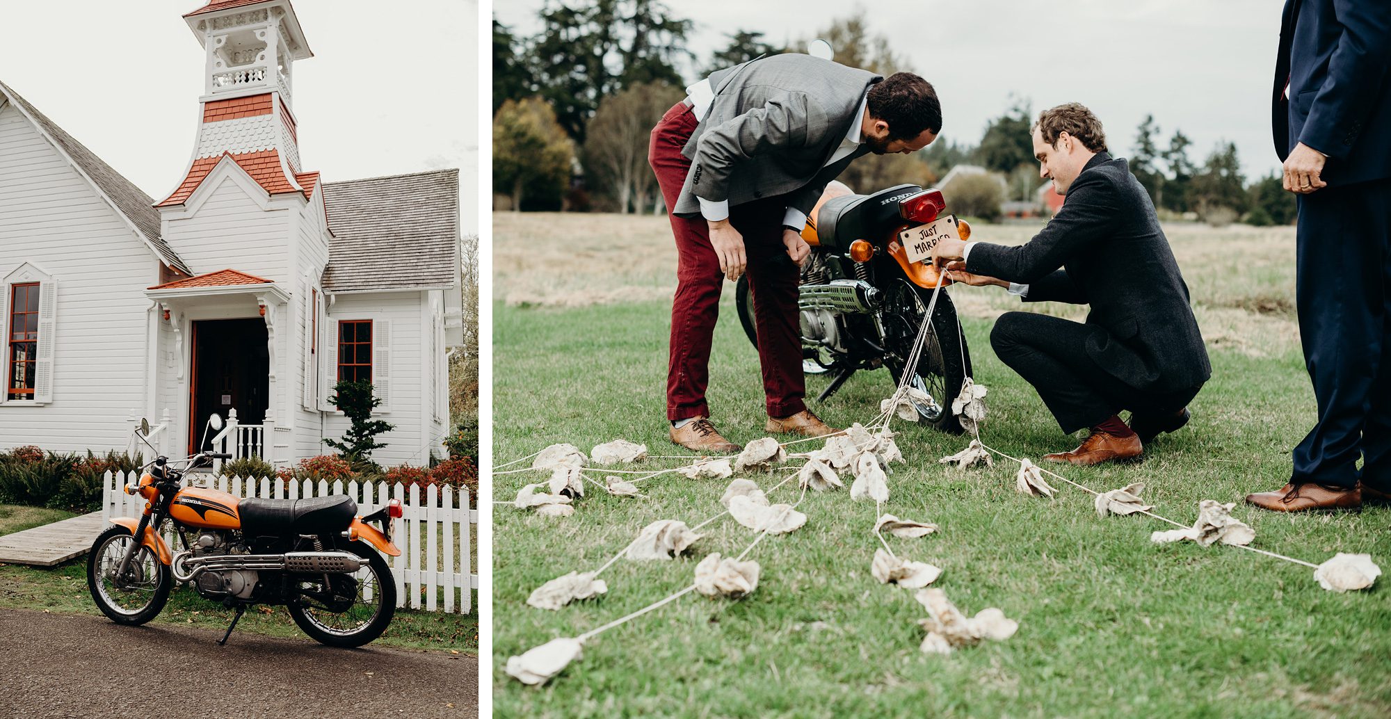 Long Beach Peninsula Wedding Groom Setting Up Just Married Sign on Motorcycle by Briana Morrison Photography