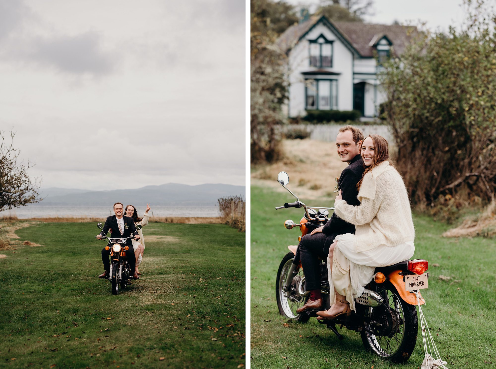 Long Beach Peninsula Wedding Bride & Groom Riding Motorcycle by Briana Morrison Photography