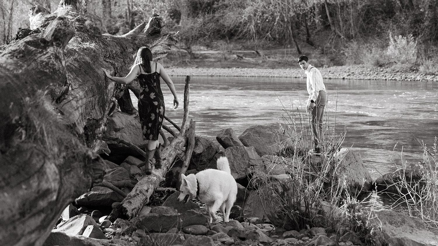 Portland family photographer captures a black and white image with a couple and their fluffy white dog exploring the banks of a river.