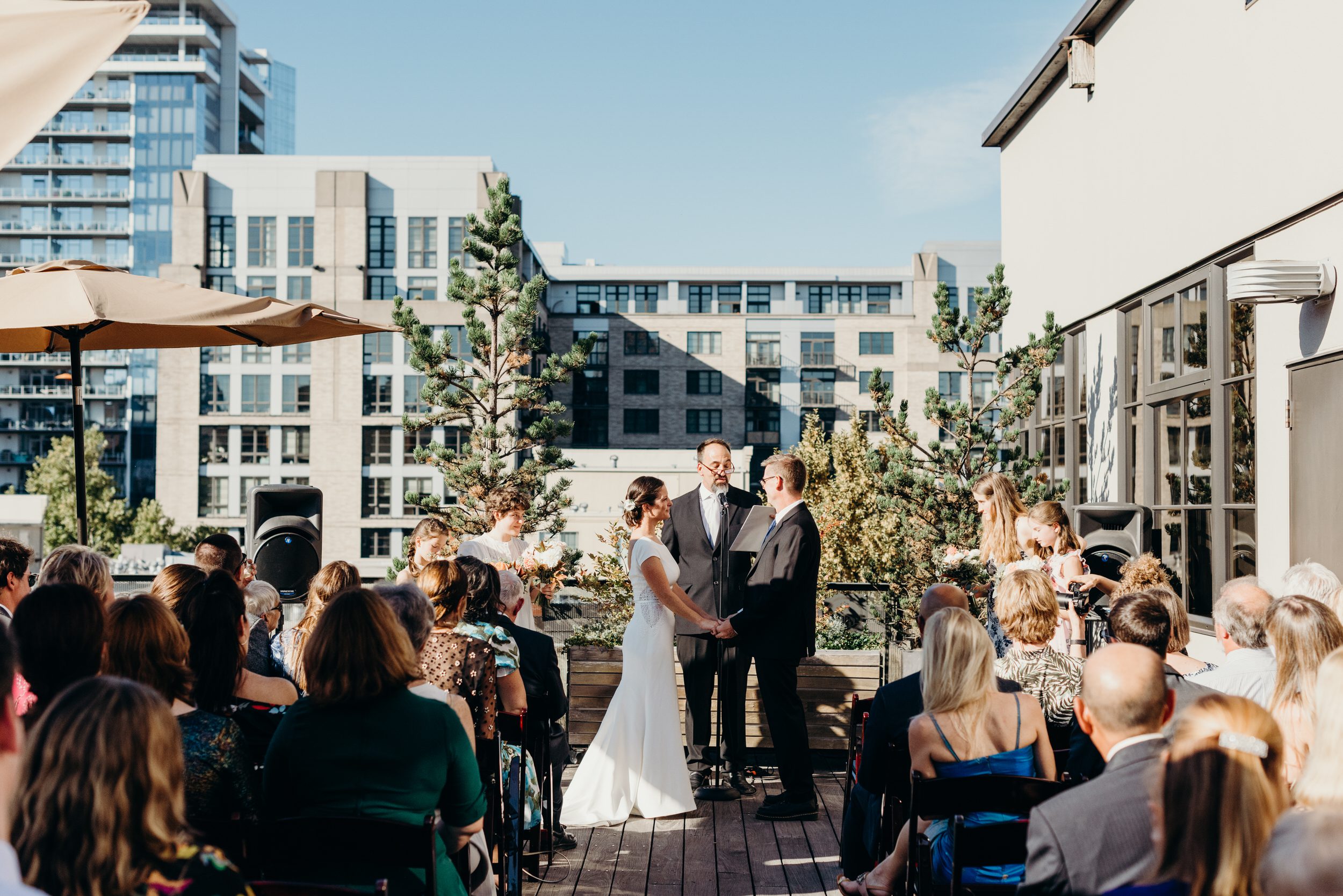 A wedding ceremony on the rooftop of the Ecotrust building in Portland, Oregon.