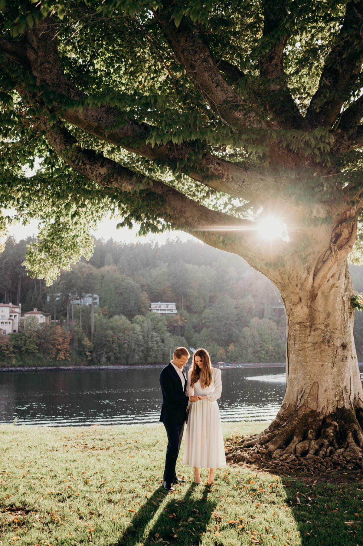 A bride and groom stand under a large tree at sunset with the Willamette River behind them.
