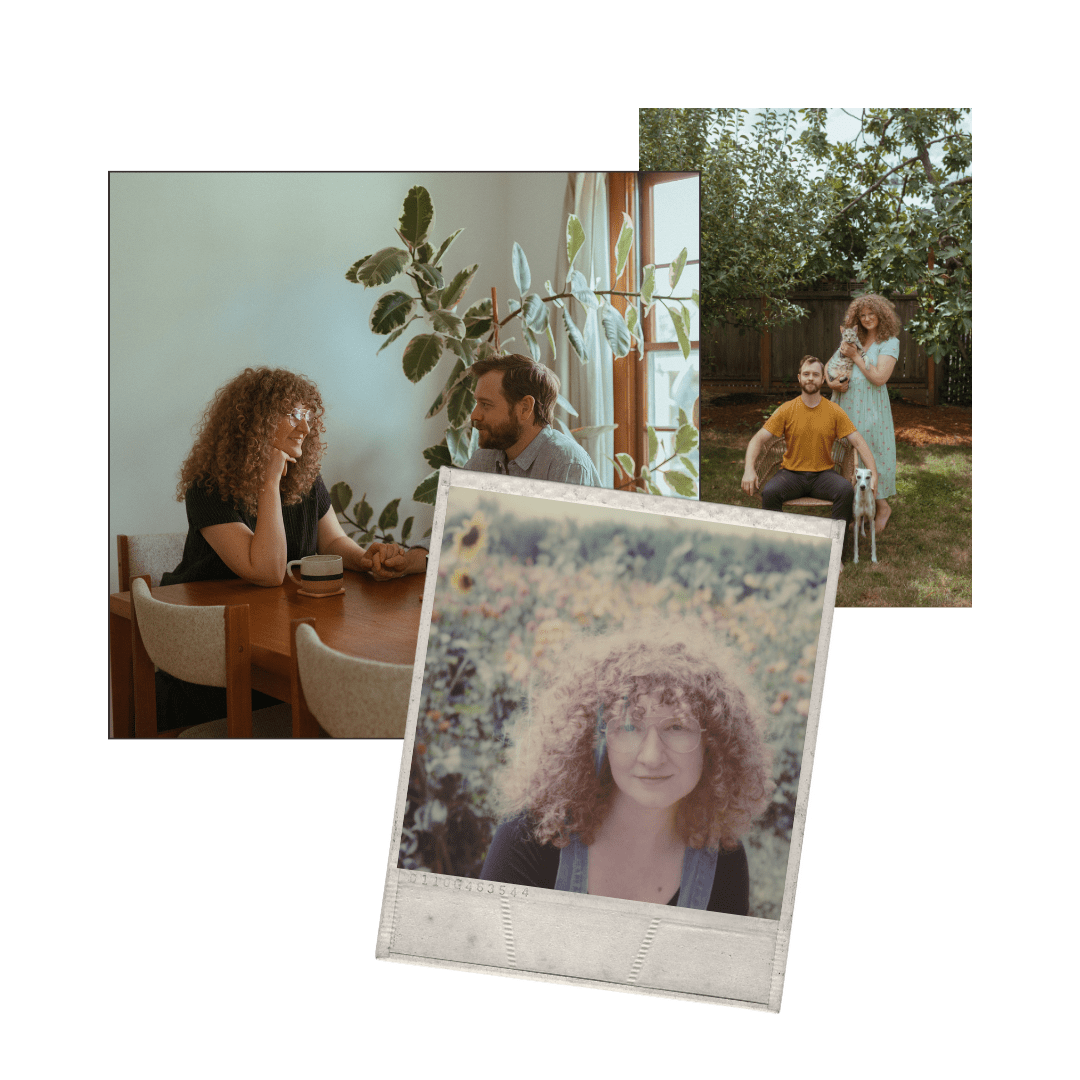 Collage of three photographs featuring Portland wedding photographer, Briana Morrison. Two photographs feature Briana and her husband and one photo is a solo polaroid portrait of Briana in a sunflower garden.