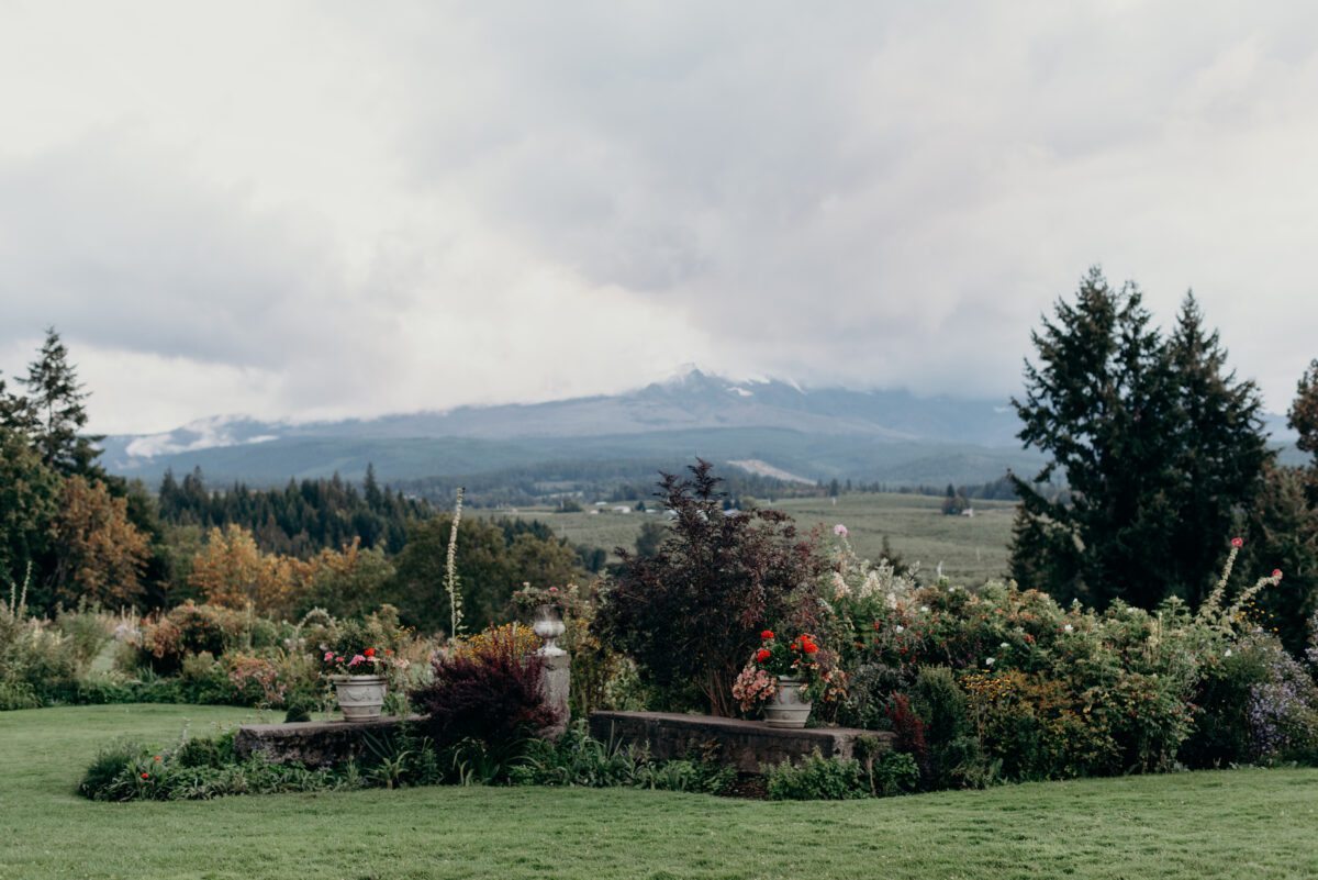 The beautiful garden and view of the mountain at mt hood organic farms - a hood river wedding venue