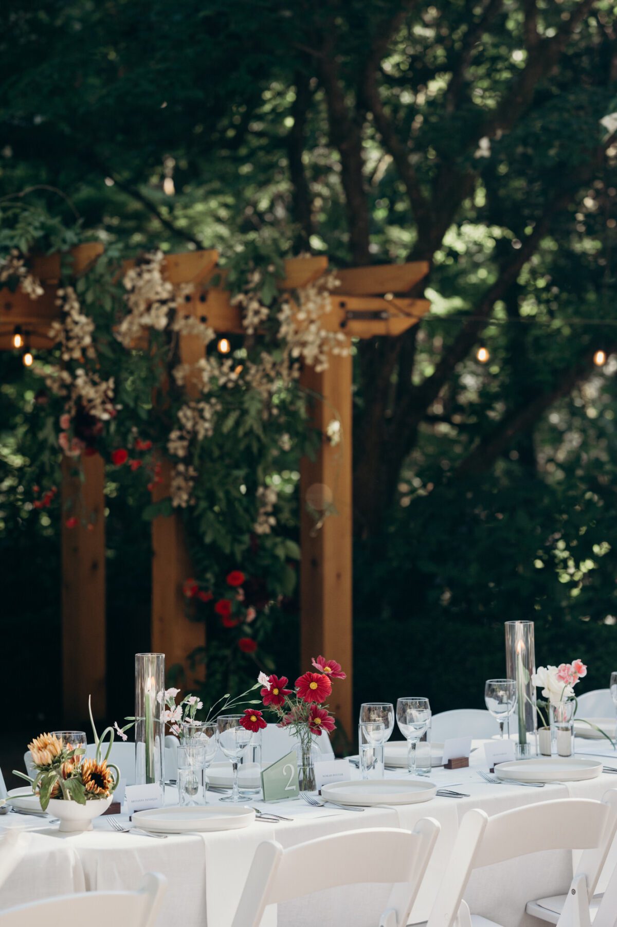 Dinner details and table settings for a wedding at the Leach Botanical Garden East Terrace.